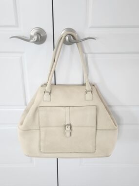 Levenger $350 Large Pebbled Leather Tote Bag Ivory